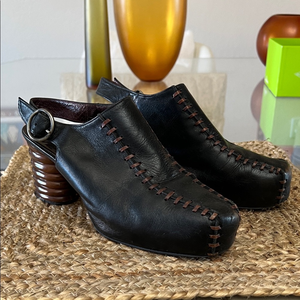 Shellys London Black Leather Mules with Brown Accents